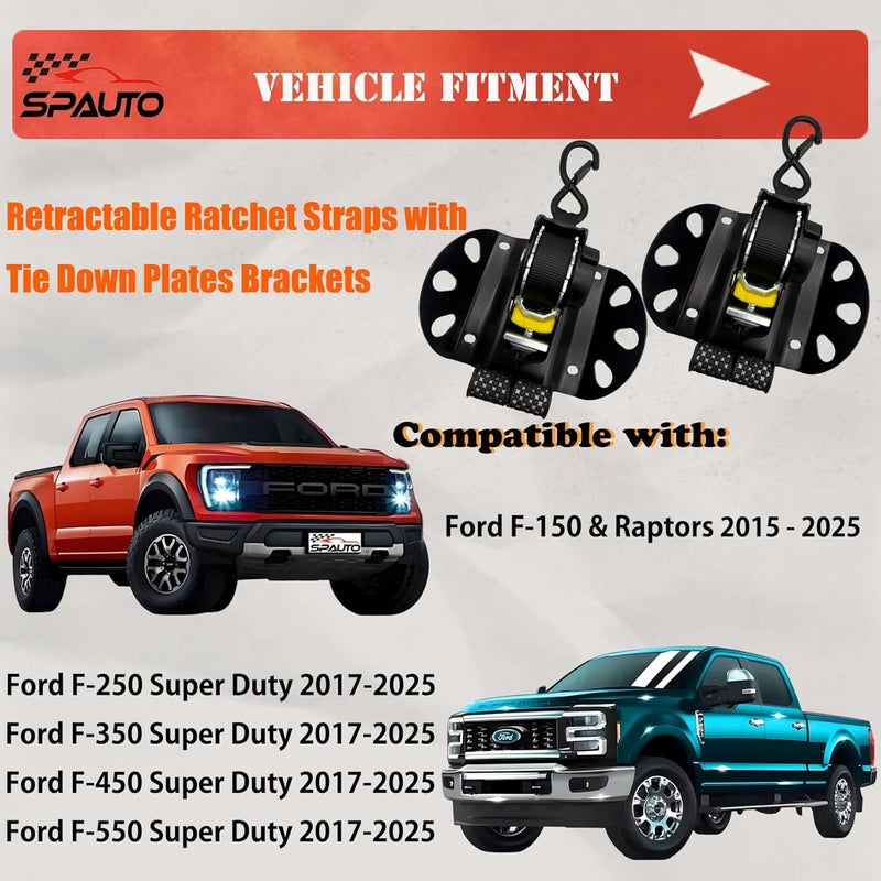 SPAUTO Retractable Ratchet Straps Compatible with 2015-2025 Ford F150, 2PCS Self Retracting Ratchet Straps Tie Down Anchors Box Link Cleats for F250/F350/F450/F550 Super Duty Truck Bed Accessories - Image 4